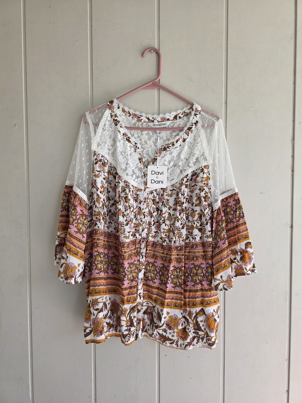 Womens Boho Gypsy Floral Lace Yoke Bell Sleeve Baby Doll Shirt Blouse Large